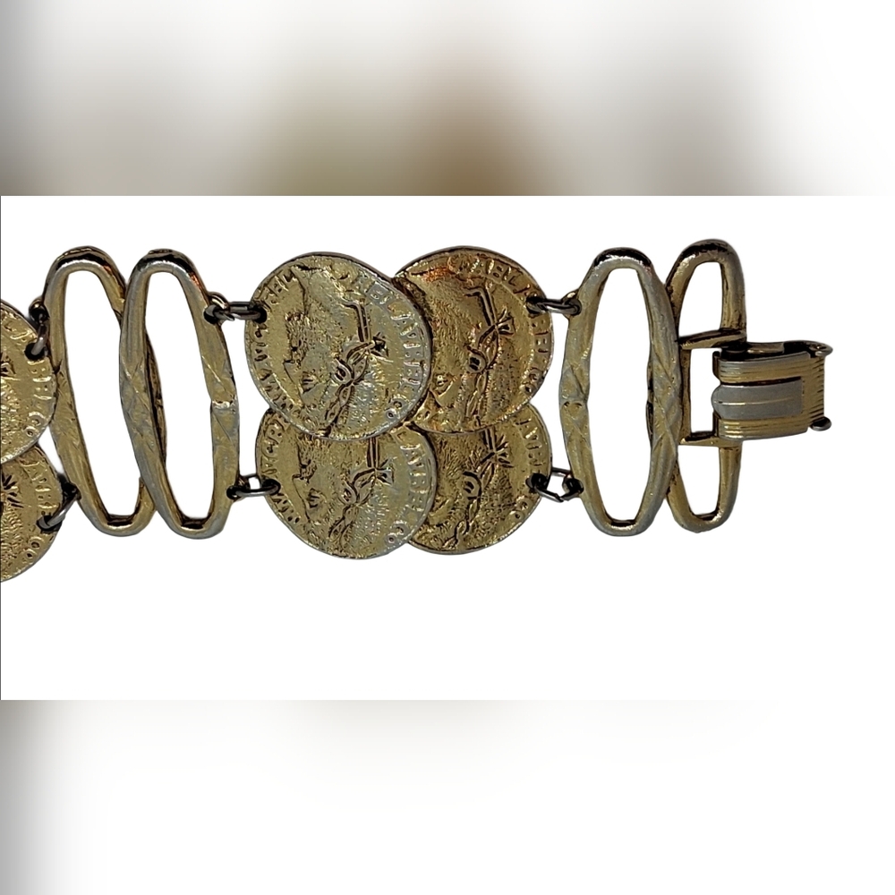 Vintage ART Signed Coin Medallion Bracelet Gold Tone Etruscan Revival - Picture 6 of 11